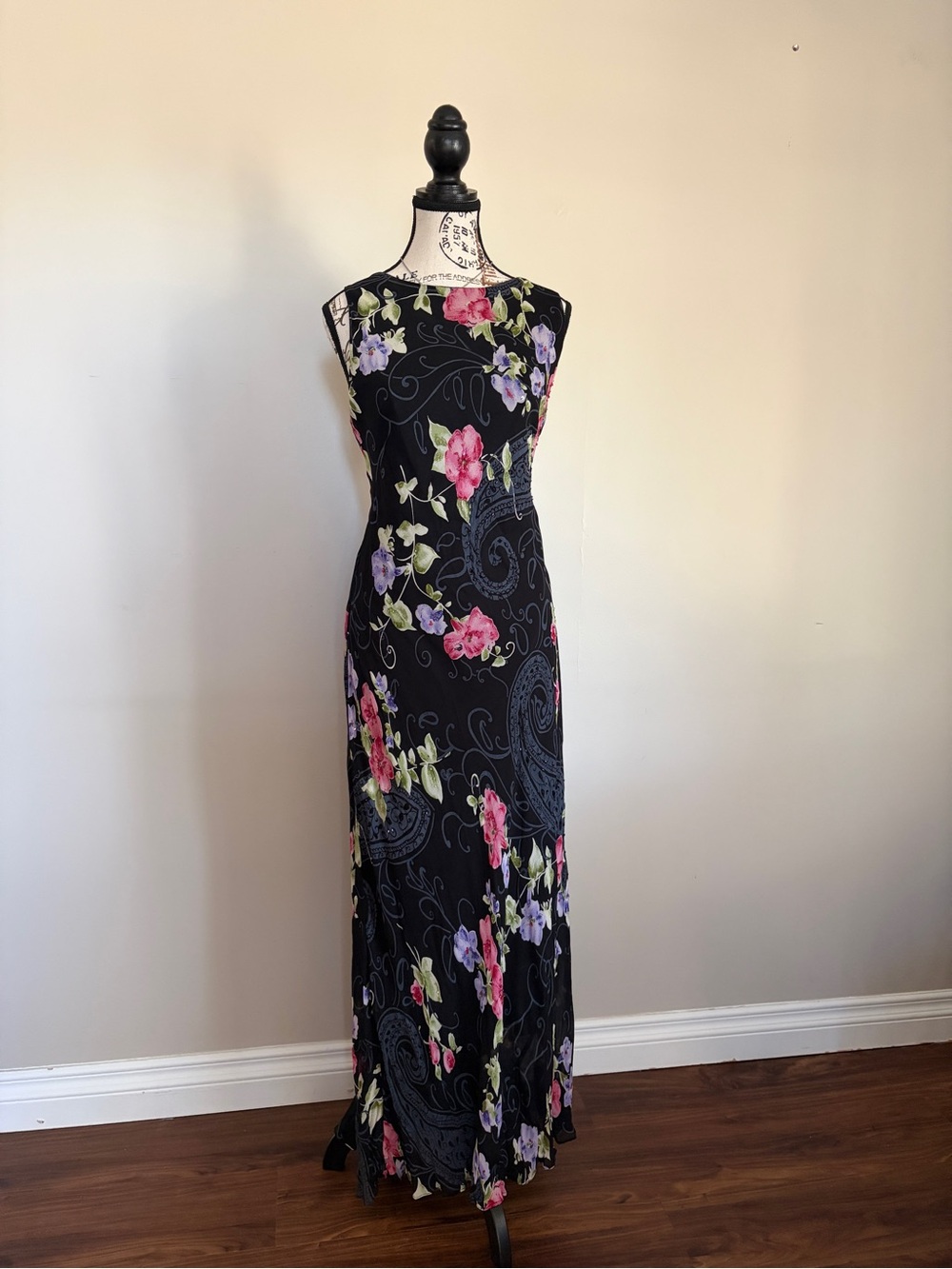 Vintage Y2K Black Floral Beaded Sleeveless Formal Low Back Whimsigoth Maxi Dress